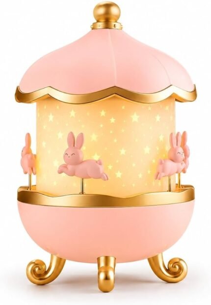 Bunny Carousel Night Light Projector with Music, Rechargeable LED Star Sky Lamp, 360° Rotating Projection, 3 Brightness Levels, USB Type-C Charging, Kids Bedroom Nursery Decor Gift