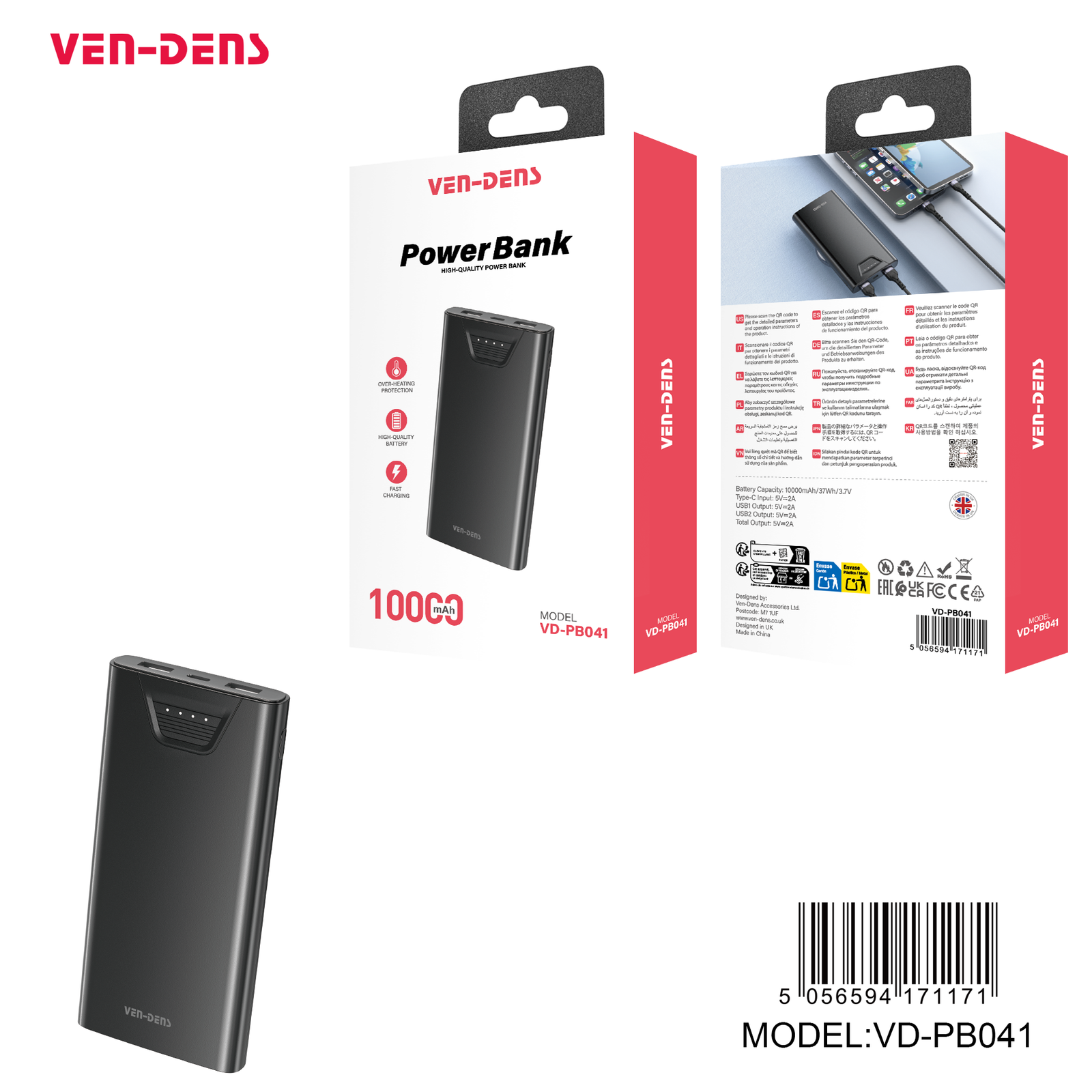 img_3155 Ven-Dens VD-PB062 10000mAh Power Bank – Digital Display with Built-in Type-C & Lightning Cables - Image 1