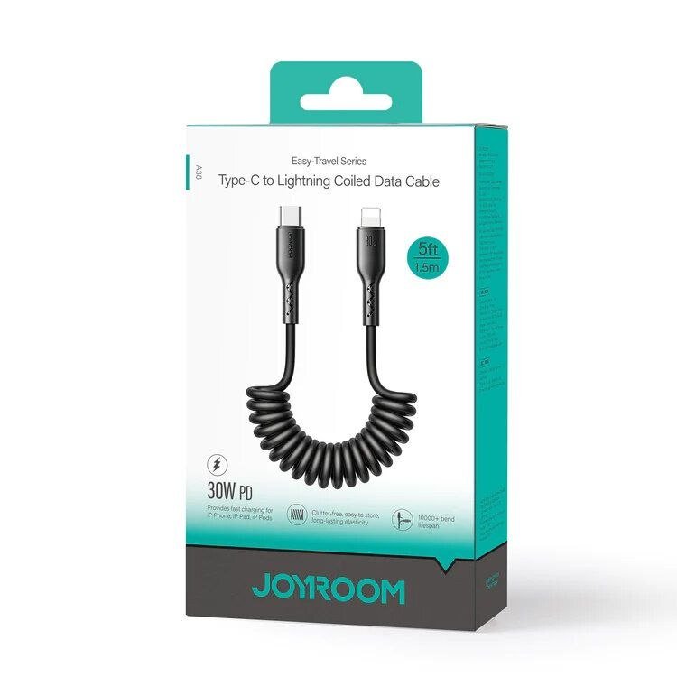 product-1-81 Joyroom (SA38-CC3) Easy-Travel Series 60W Coiled Fast Charging Data Cable for Car (Type-C to Lightning) 1.5m-Black - Image 1